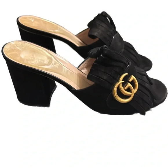 Gucci Black Suede GG Marmont Fringed Mules - Picture 1 of 6
